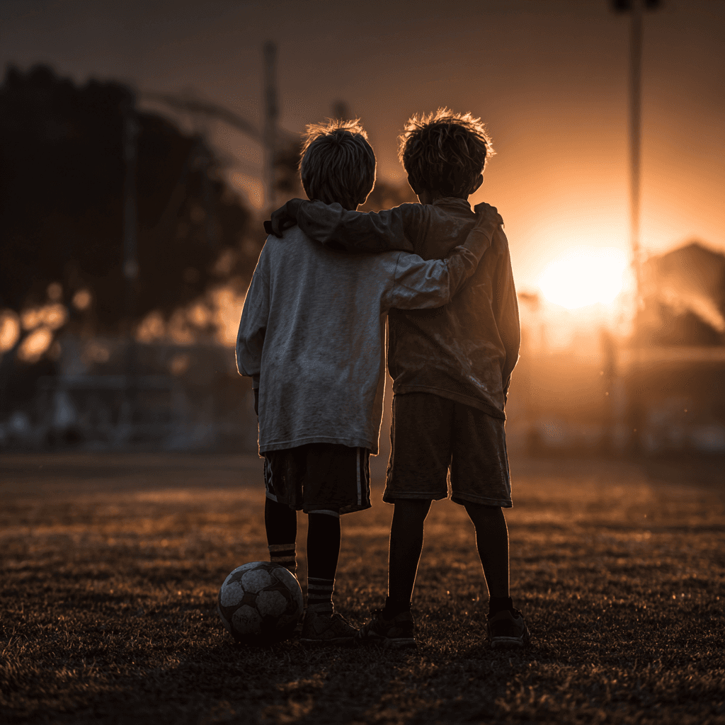 Kai and Miko on a soccer field at sunset