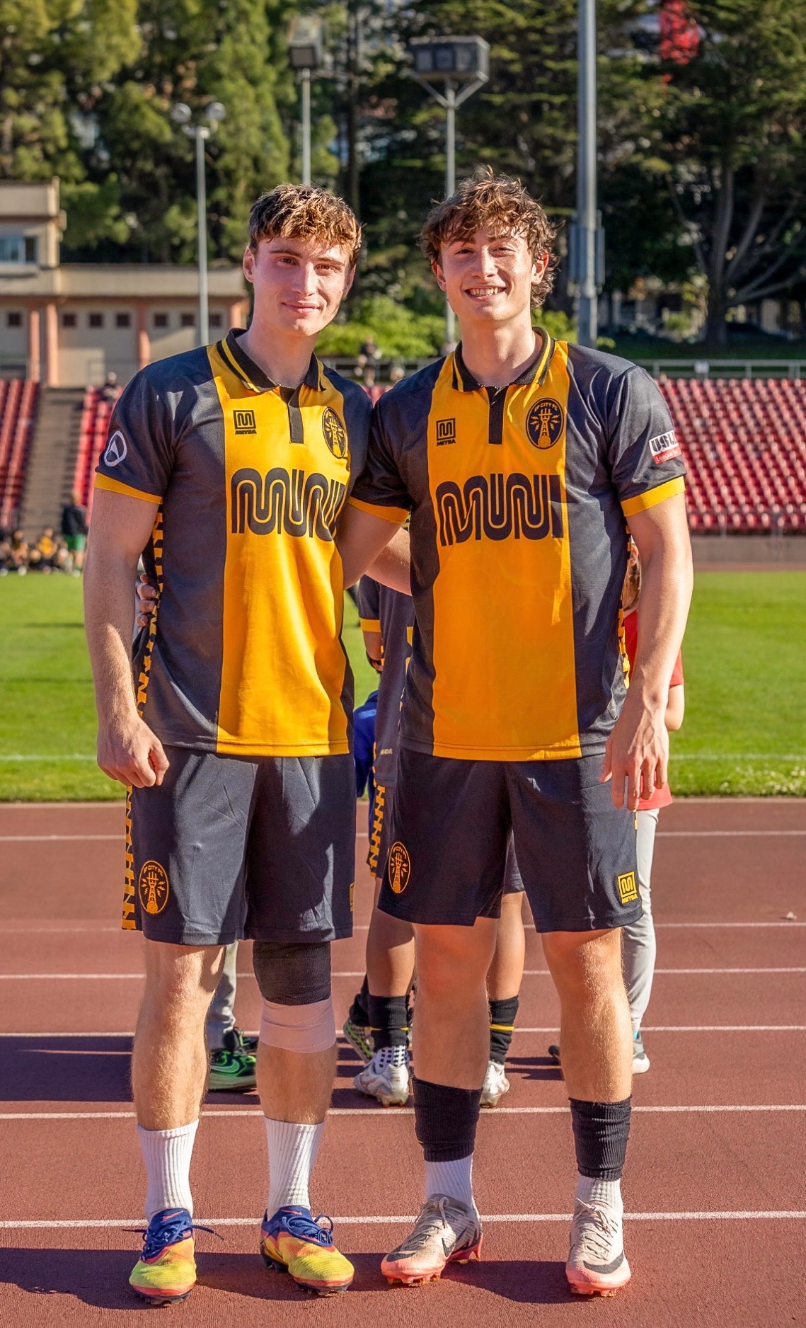 Kai and Miko Oppenheim in SF City FC kit at Kezar Stadium, May 17 2026